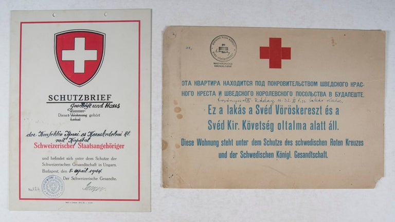 Item #42377 2 Signs for Safe Houses in Budapest 1944: Schutzbrief Geschäft und Haus der Konfektio Ipari [WITH] A Sign for a Swedish Red Cross Safe House in Budapest. n/a.