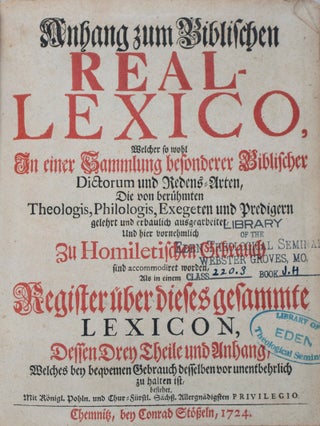 Item #43141 Anhang zum Biblischen Real-Lexico, Welcher so wohl In einer Sammlung besonderer...