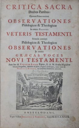 Item #43160 Critica Sacra. Duabus Partibus : Quarum Prima continet Observationes Philologicas &...