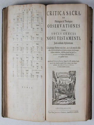 Critica Sacra. Duabus Partibus : Quarum Prima continet Observationes Philologicas & Theologicas In omnes Radices Veteris Testamenti. Secunda continet Philologicas & Theologicas Observationes In omnes Graecas Voces Novi Testamenti. Ante hac ab Eduardo Leigh,... maxima ex parte Anglice conscripta, nunc verò ab Henrico à Middoch in Latinum sermonem conversa. 2 vols. bound in one (Complete)