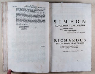 Historiae Anglicanae Scriptores X, Simeon monachus Dunelmensis, Johannes prior Hagustaldensis, Ricardus prior Hagustaldensis, Ailredus abbas Rievallensis, Radulphus de Diceto Londoniensis, Johannes Brompton Jornallensis, Gervasius monachus Dorobornensis, Thomas Stubbs dominicanus, Guilielmus Thorn Cantuariensis, Henricus Knighton Leicestrensis : Ex vetustis manuscriptis, nunc primum in lucem editi / adjectis variis lectionibus, glossario, indicéque copioso. Part one of two only.