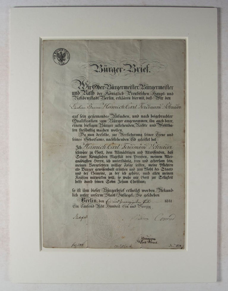 Item #43575 Civil Letter and Medical Document Concerning the Barber Heinrich Carl Ferdinand Schrader (Civic Law/Bürgerliches Recht 1841/1852)