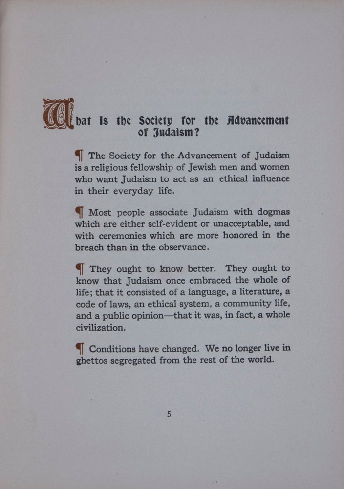 Item #44036 The Society for the Advancement of Judaism. Mordecai M. Kaplan.