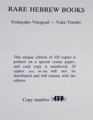 Item #44076 Rare Hebrew Books. A Listing of Books That Were Auctioned Publicly between 1976-1987...