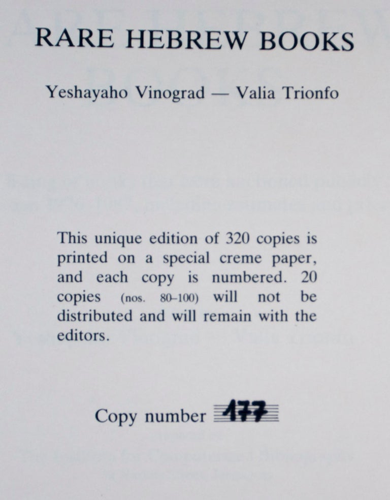 Item #44076 Rare Hebrew Books. A Listing of Books That Were Auctioned Publicly between 1976-1987 / Sefarim Ivriyim Atiḳim. Yeshayaho Vinograd, Valia Trionfo.