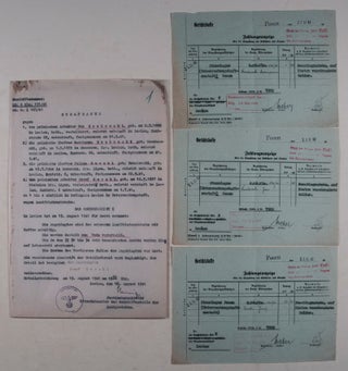 Strafsache: Criminal case file against four Polish citizens executed by the Nazis in 1941, with 3 payment receipts for the bullets [4 STAMPED AND SIGNED DOCUMENTS]