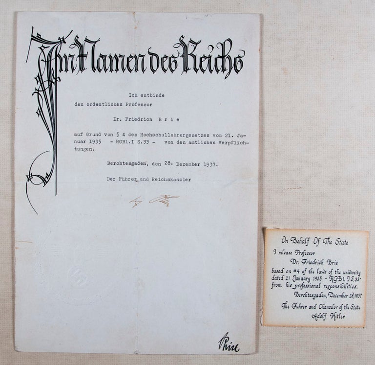 Item #45628 Im Namen des Reichs: Adolf Hitler Removes Jewish Professor and Resistance Member Dr. Friedrich Brie from his University Chair (Signed Adolf Hitler). n/a.