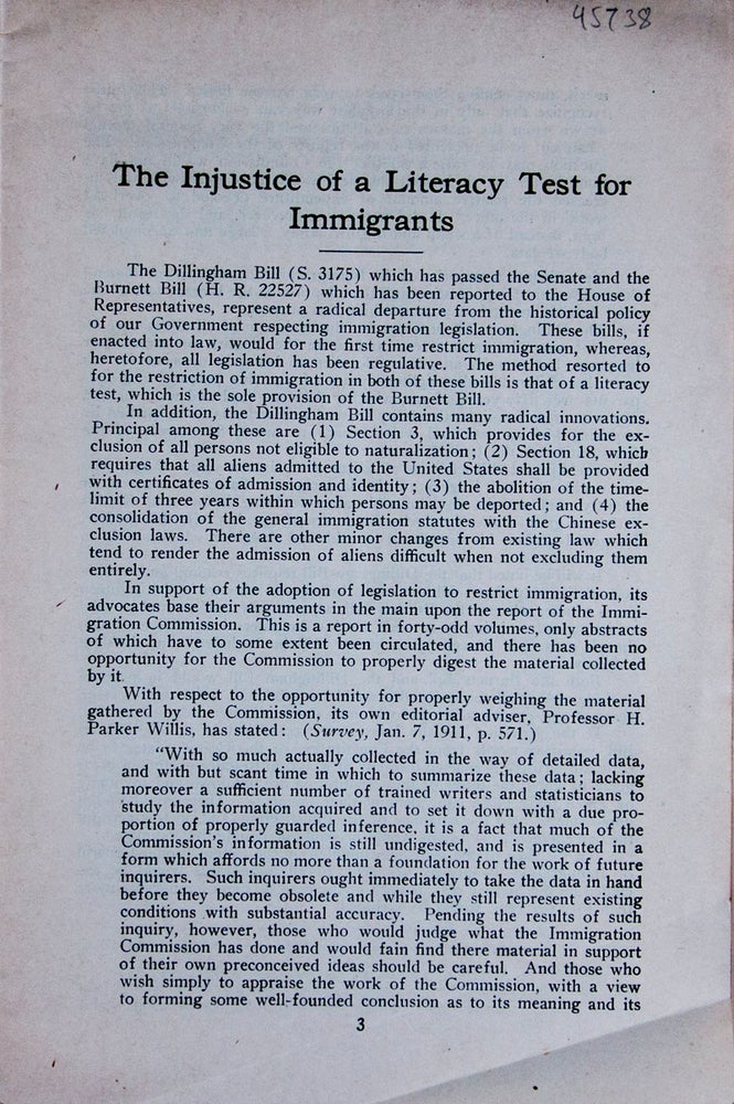 Item #45738 The Injustice of A Literacy Test for Immigrants. Max J. Kohler.