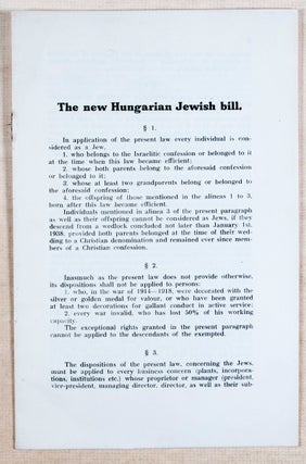 Item #46334 The New Hungarian Jewish Bill [THE SECOND JEWISH LAW, IN ENGLISH]. n/a