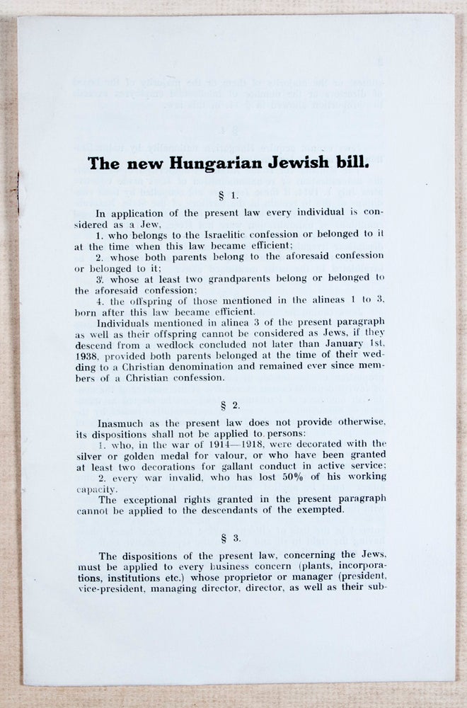 Item #46334 The New Hungarian Jewish Bill [THE SECOND JEWISH LAW, IN ENGLISH]. n/a.