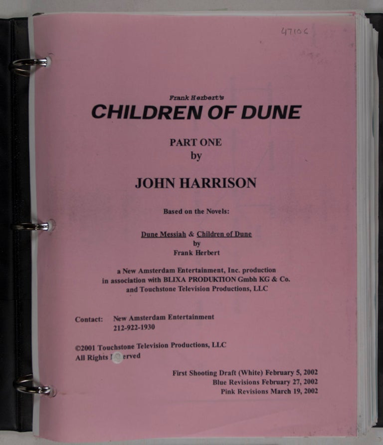 Item #47106 Shooting Script for "Frank Herbert's Children of Dune" John Harrison, Frank Herbert, script by, novels by.