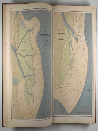 Cartes du delta du Danube et plans comparatifs de l'embouchure et des quelques sections fluviales du bras de Soulina indiquant les derniers travaux qui y ont ete executes par la Commission Européenne (Maps of the Danube delta and comparative plans of the mouth and some river sections of the Soulina arm showing the latest work carried out there by the European Commission)
