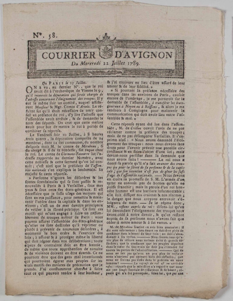 Item #47645 (The Beginning of the French Revolution) Le Courrier d'Avignon, No.58, Mercredi 22, Juillet 1789 (Wednesday July 22, 1789) [FIRST PUBLISHED FRENCH UNCENSORED ACCOUNT OF THE STORMING OF THE BASTILLE] [WITH] La Bastille (Histoire Generale de Paris). Antoine Aubanel.