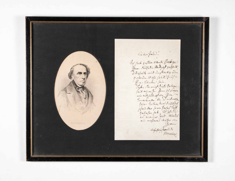Item #48000 Framed Original Letter by M. P. Meyerbeer to Alexandre Weill with matted copperplate engraving of Meyerbeer. M. P. Meyerbeer.