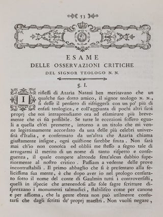 Esame delle Riflessioni Teologico-Critiche contro il Libro 'Della vana Aspettazione Degli Ebrei del Loro Re Messia dal Compimento di Tutte le Epoche' (Examination of Theological-Critical Reflections Against the Book 'On the Vain Expectation of the Jews of Their King Messiah from the Fulfillment of All Ages')