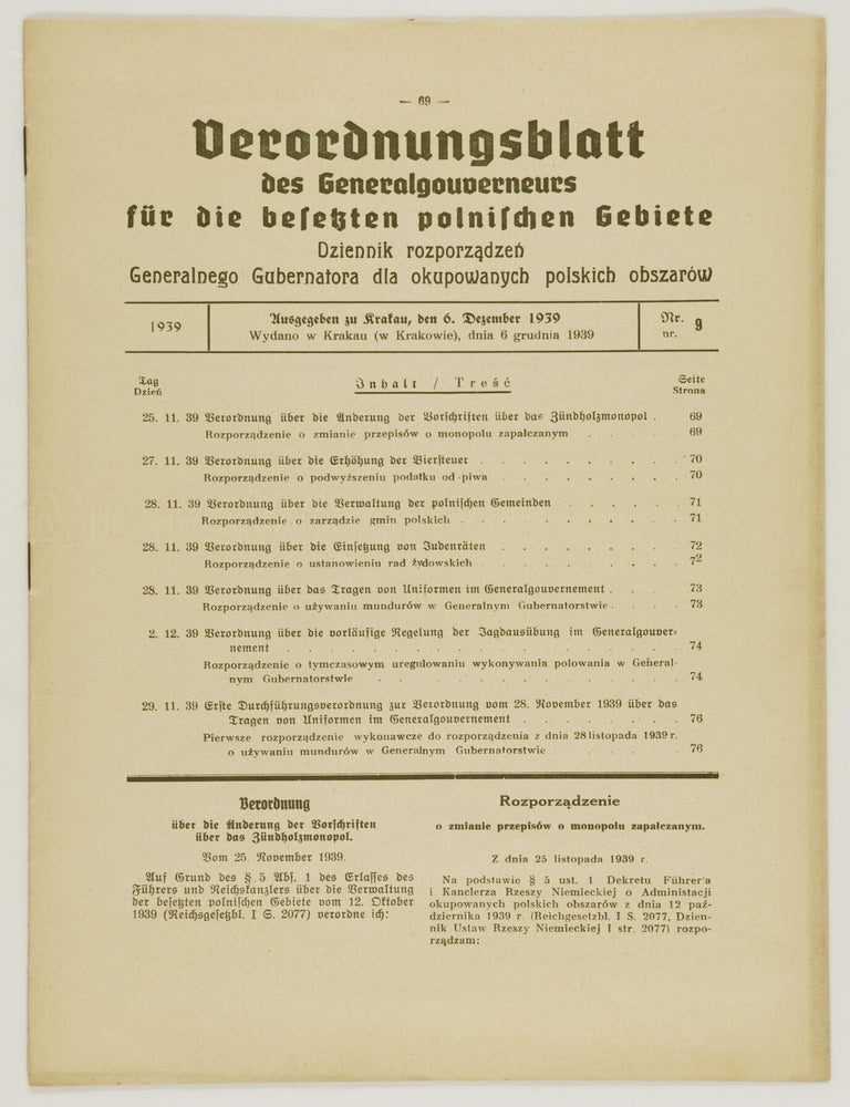 Item #54736 Verordnungsblatt des Generalgouverneurs f&uuml;r die besetzten polnischen Gebiete (Decree of the General Gouvernor of the Occupied Polish Regions / The Appointment of Jewish Councils). n/a.