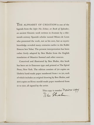 The Alphabet of Creation: An Ancient Legend with Drawings by Ben Shahn [REVIEW COPY SIGNED BY BEN SHAHN]