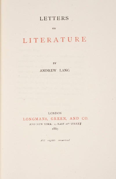 Item #9113 Letters on Literature. Andrew Lang.
